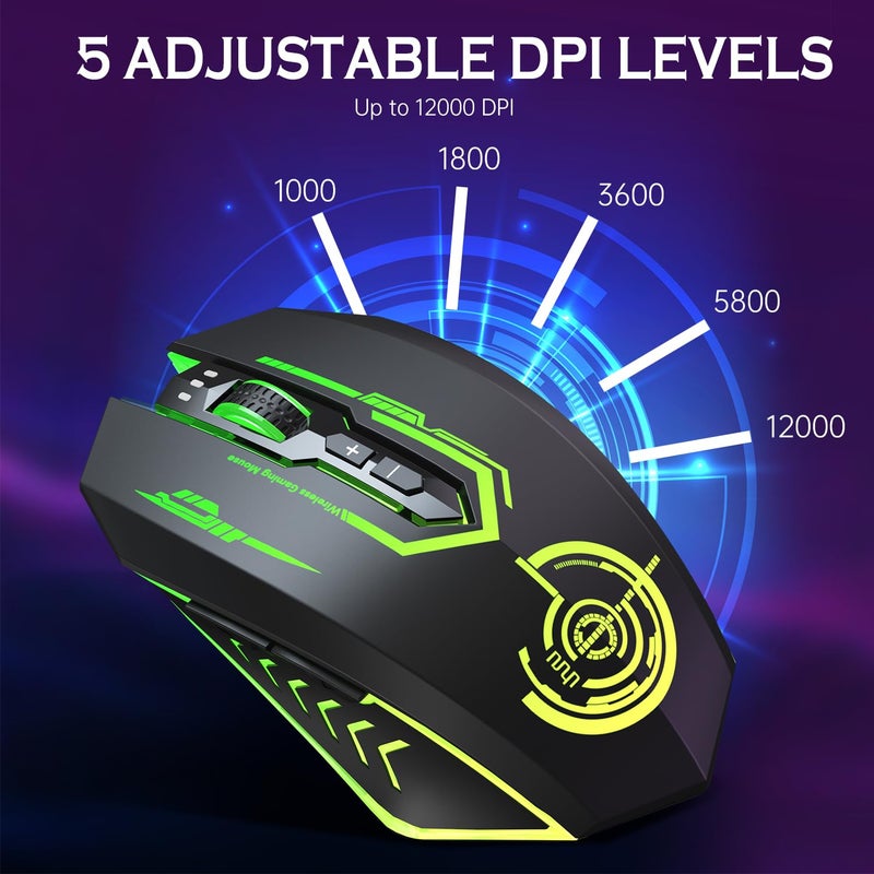 UHURU Wireless Gaming Mouse Up to 12000 DPI, Rechargeable USB-C Wireless Mouse with 7 Buttons 7 Dynamic LED Color Ergonomic Programmable MMO RPG for PC Laptop, Compatible with Windows Mac - Image 3